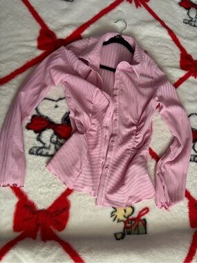 SHEIN Pink Ribbed Button-Up Ruched Waist Blouse